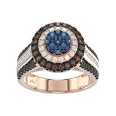 14K Rose Gold Multi Color Diamond Halo Ring 1.50Ct Blue, Dark Brown & Round Diamond Ladies Ring