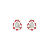 Elegant 14K Rose Gold Ladies Earrings Featuring Ruby And Diamond Accents With Round And Baguette Cuts 0.88Ct. A Luxurious Fine Jewelry Design.
