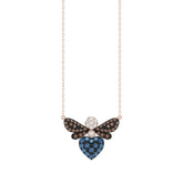 14K Rose Gold Ladies Butterfly Pendant With Colorful Diamond Accents In Blue, Dark Brown, And Round Cuts. A Stylish 0.33 Ct Jewelry Necklace With Chai