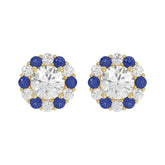 14K YELLOW GOLD 2 5/8CT ROUND/ ROUND BLUE SAPPHIRE DIAMOND LADIES EARRING (CENTER STONE ROUND DIAMOND 2CT)