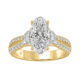 Ladies 14K Yellow Gold ladies Ring Featuring Round, Half-Moon & Baguette Diamonds 3.00CT Oval Center stone (Color F-G -Clarity VS1/VS2)