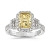 14K White Gold 2 3/4 Ct Lab Grown Round & Baguette Diamond Halo Engagement Ring With 2.00Ct Yellow Radiant Cut Center Diamond For Women