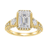 14K Yellow Gold 4.00 Ct Round & Emerald Cut Diamond Engagement Ring For Women With Side Round Diamond 3.00Ct Emerald Center Stone (Color F-G -Clarity Vs1/Vs2)