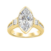 Elegant 14K Yellow Gold Diamond Engagement Ring Featuring 3 1/2Ct Round, Marquise & Baguette Diamonds With Sparkling Side Stones. Perfect For Weddings
