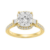 14K Yellow Gold 3 1/2Ct Cushion Cut & Baguette Lab Grown Diamond Halo Ring Round Side Stone Ladies Bridal Engagement Ring 3Ct Cushion Center Stone (Color F-G -Clarity Vs1/Vs2)