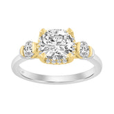 2 1/2 Ct Cushion Cut Lab-Grown Diamond Ladies Engagement Ring In 14K White/Yellow Gold Three-Stone With Round Side Stone & Oval 2Ct Cushion Center Stone (Color F-G -Clarity Vs1/Vs2)
