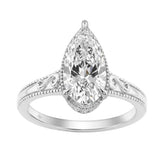 LADIES 14K White Gold 2 1/6Ct Diamond Engagement Ring Elongated Pear Cut Center With Round Side Stones, Elegant Fine Ring 2Ct Pear Center Stone (Color F-G -Clarity Vs1/Vs2)
