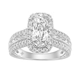 14K White Gold 3.00 Ct Diamond Halo Engagement Ring For Women Elongated 2Ct Cushion Cut Center Stone With Round & Baguette Side Stones, Luxury Bridal