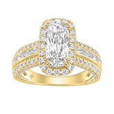 14K Yellow Gold 3.00 Ct Diamond Halo Engagement Ring For Women Elongated 2Ct Cushion Cut Center Stone With Round & Baguette Side Stones, Luxury Bridal