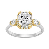 14K White/Yellow Gold Diamond Halo Engagement Ring 2 1/2Ct Radiant, Round & Oval Three-Stone For Women 2Ct Radiant Center Stone (Color F-G -Clarity Vs1/Vs2)