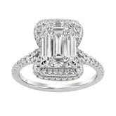 14K White Gold 4 1/2Ct Ladies Emerald-Cut Hidden Halo Engagement Ring 4Ct Emerald Center Stone & Round Diamond (Color F-G -Clarity Vs1/Vs2)