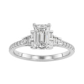 14K White Gold Lab Grown Emerald Cut Diamond Ladies Engagement Ring 1 1/4Ct With Round & Baguette Side Stones 1Ct Emerald Center Stone (Color F-G