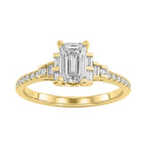 14K Yellow Gold Lab Grown Emerald Cut Diamond Ladies Engagement Ring 1 1/4Ct With Round & Baguette Side Stones 1Ct Emerald Center Stone (Color F-G -Clarity Vs1/Vs2)