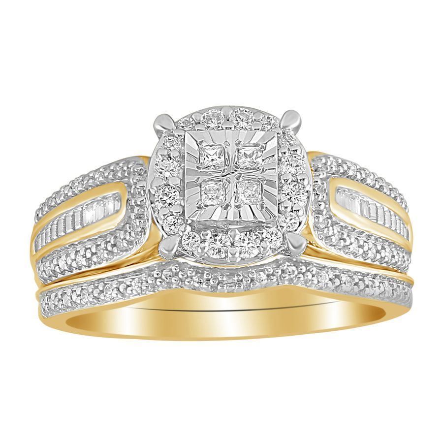 LADIES BRIDAL RING 0.33CT ROUND/PRINCESS/BAGUETTE DIAMOND 10K YELLOW GOLD