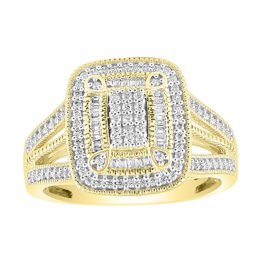 LADIES RING 0.33CT ROUND/BAGUETTE DIAMOND 10K YELLOW GOLD