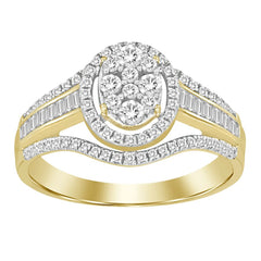 LADIES FASHION RING 0.50CT ROUND/BAGUETTE DIAMOND 10K YELLOW GOLD