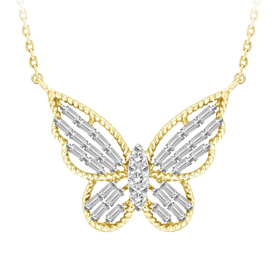 LADIES NECKLACE 0.25CT ROUND/BAGUETTE DIAMOND 10K YELLOW GOLD