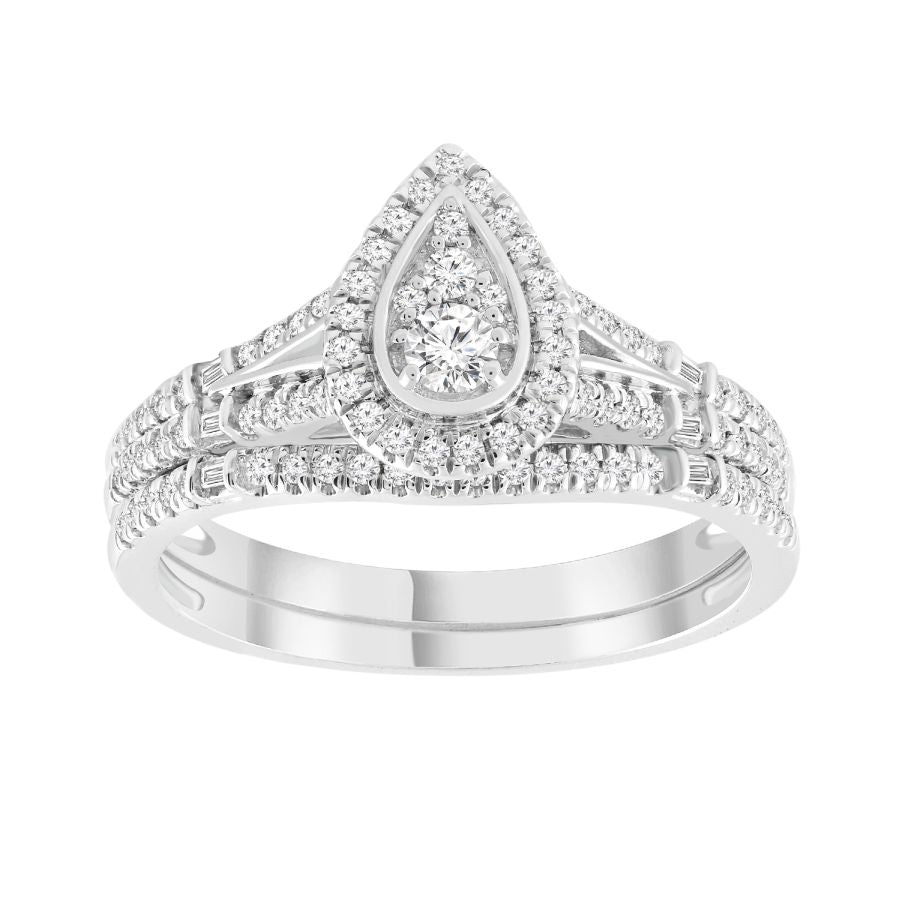 LADIES BRIDAL SET 0.50CT ROUND/BAGUETTE DIAMOND 10K WHITE GOLD