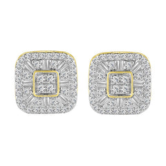 LADIES STUD EARRINGS 1.00CT ROUND/BAGUETTE DIAMOND 10K YELLOW GOLD