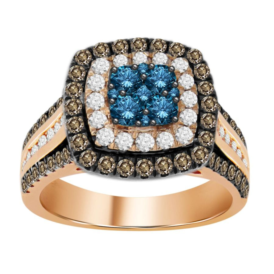 Luxury 14K Rose Gold Ladies Ring with Blue, Round White & Dark Brown Diamonds - 1.50 CT