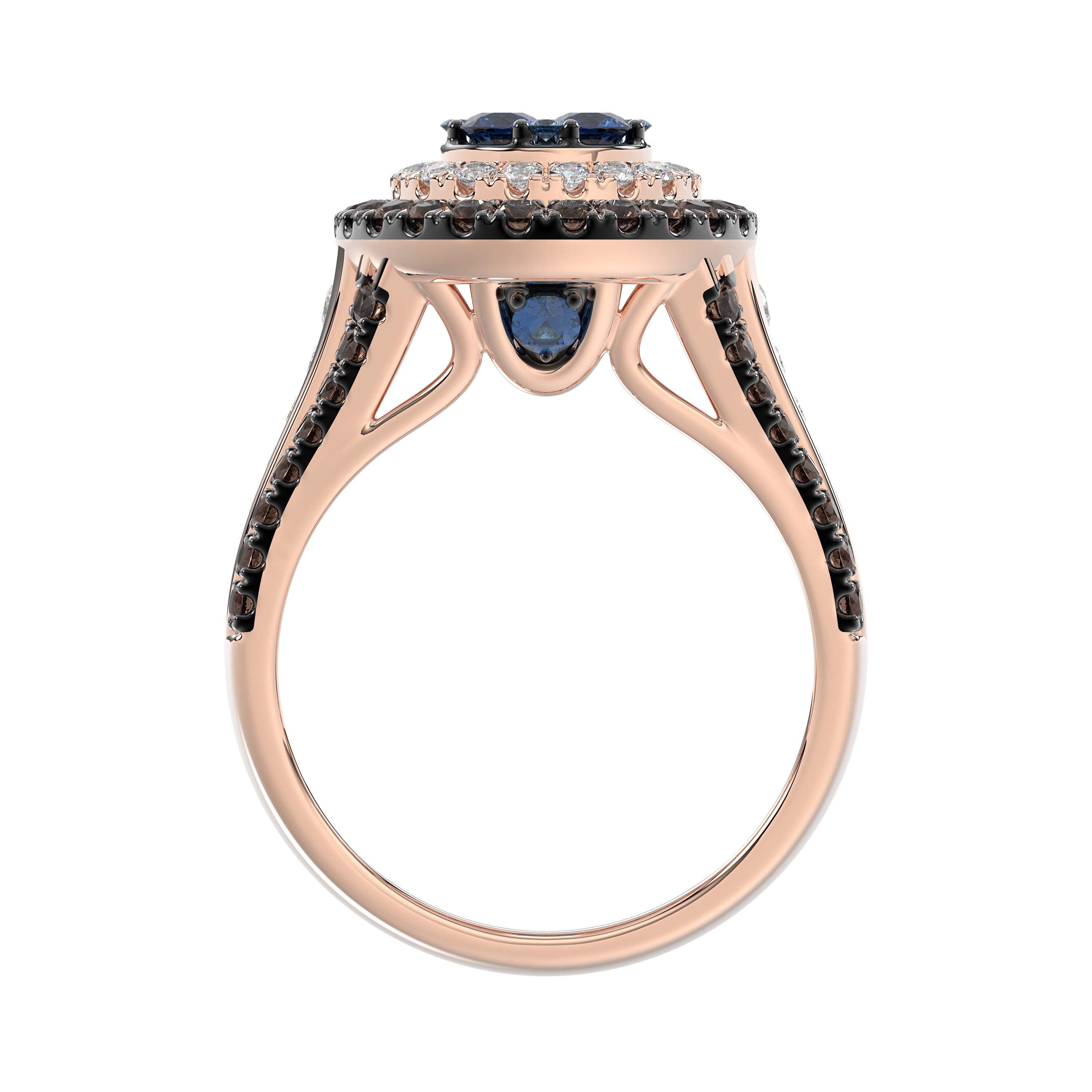 14K Rose Gold Multi Color Diamond Halo Ring 1.50Ct Blue, Dark Brown & Round Diamond Ladies Ring