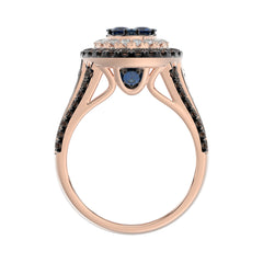 14K Rose Gold Multi Color Diamond Halo Ring 1.50Ct Blue, Dark Brown & Round Diamond Ladies Ring
