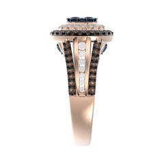 14K Rose Gold Multi Color Diamond Halo Ring 1.50Ct Blue, Dark Brown & Round Diamond Ladies Ring