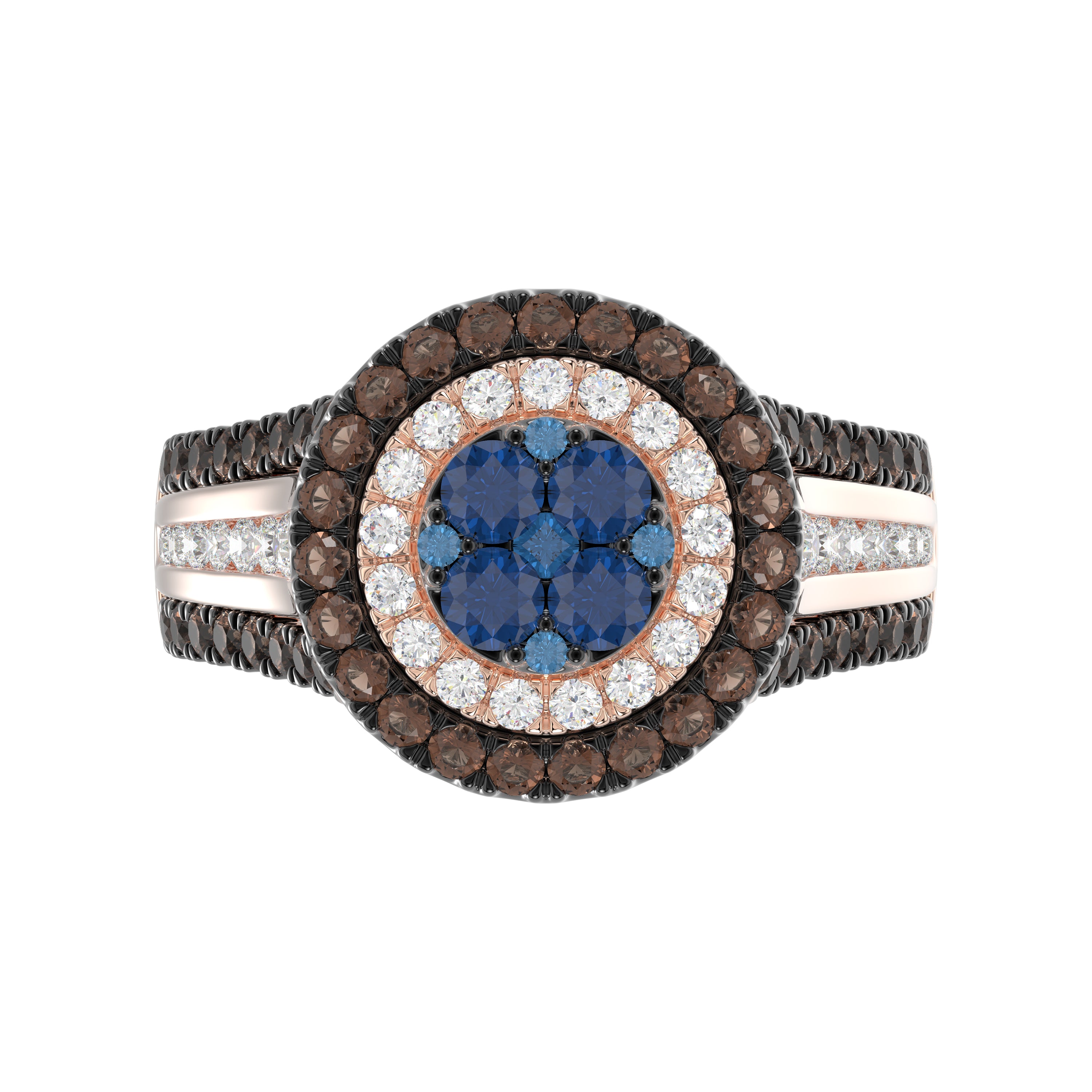 14K Rose Gold Multi Color Diamond Halo Ring 1.50Ct Blue, Dark Brown & Round Diamond Ladies Ring