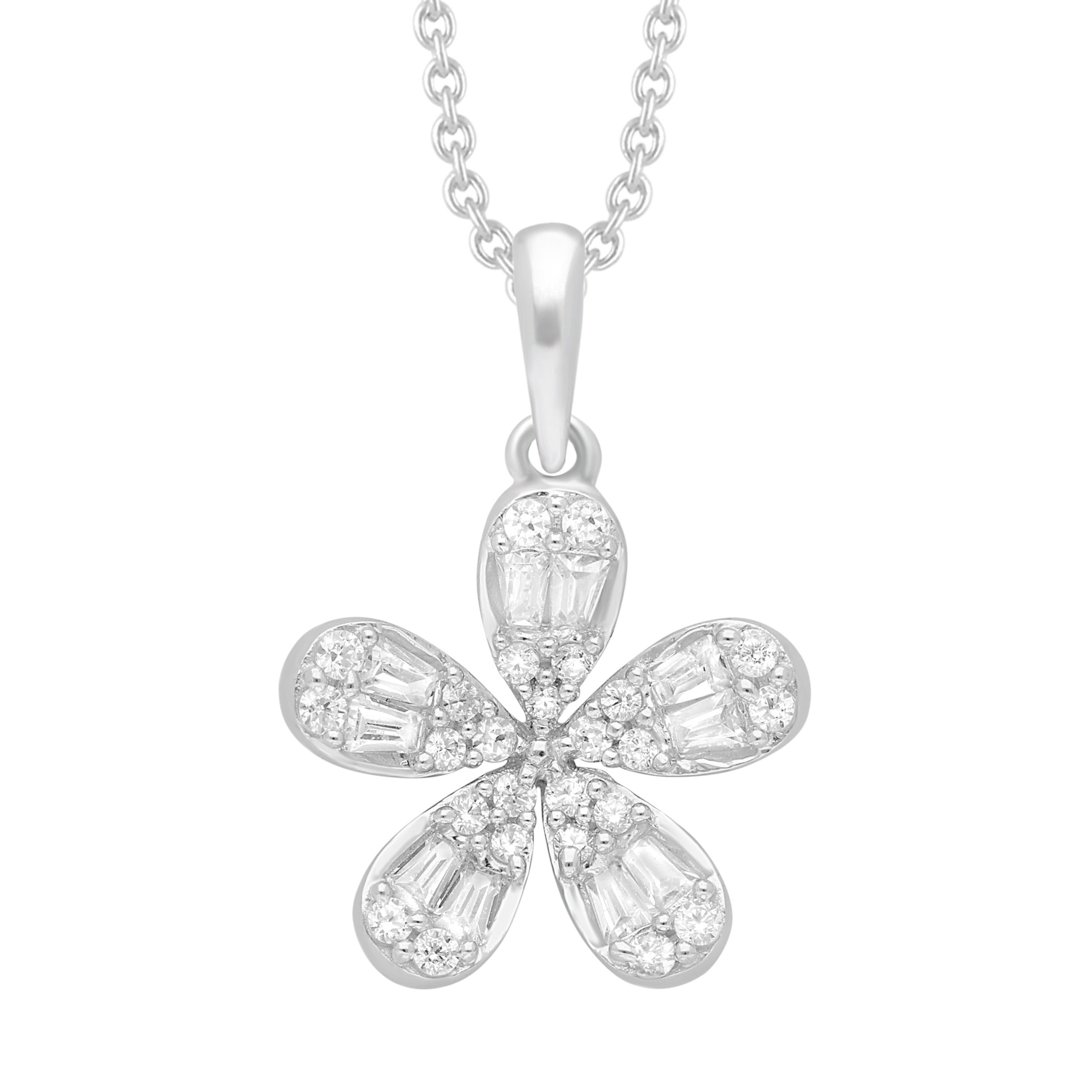 LADIES  PENDANT WITH CHAIN 0.50CT ROUND/BAGUETTE DIAMOND 14K WHITE GOLD