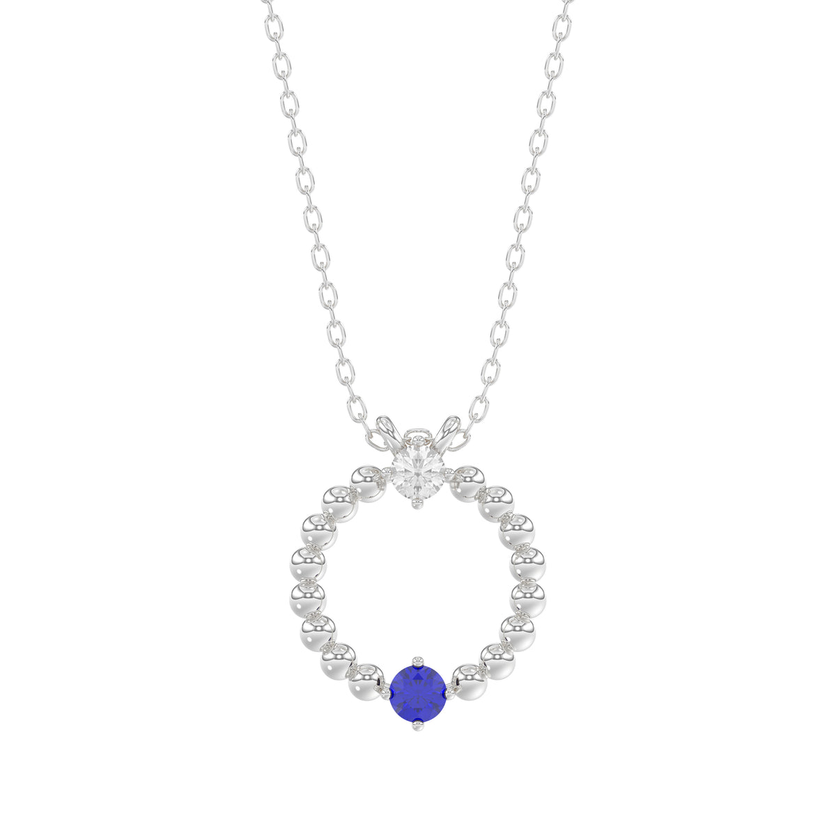 14K White Gold 0.15Ct Blue Sapphire & Diamond Necklace For Women Natural Round Sapphire Ladies Jewelry