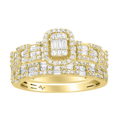14K Yellow Gold Diamond Bridal Set 1.00CT Round & Baguette Cluster Engagement Ring & Wedding Band