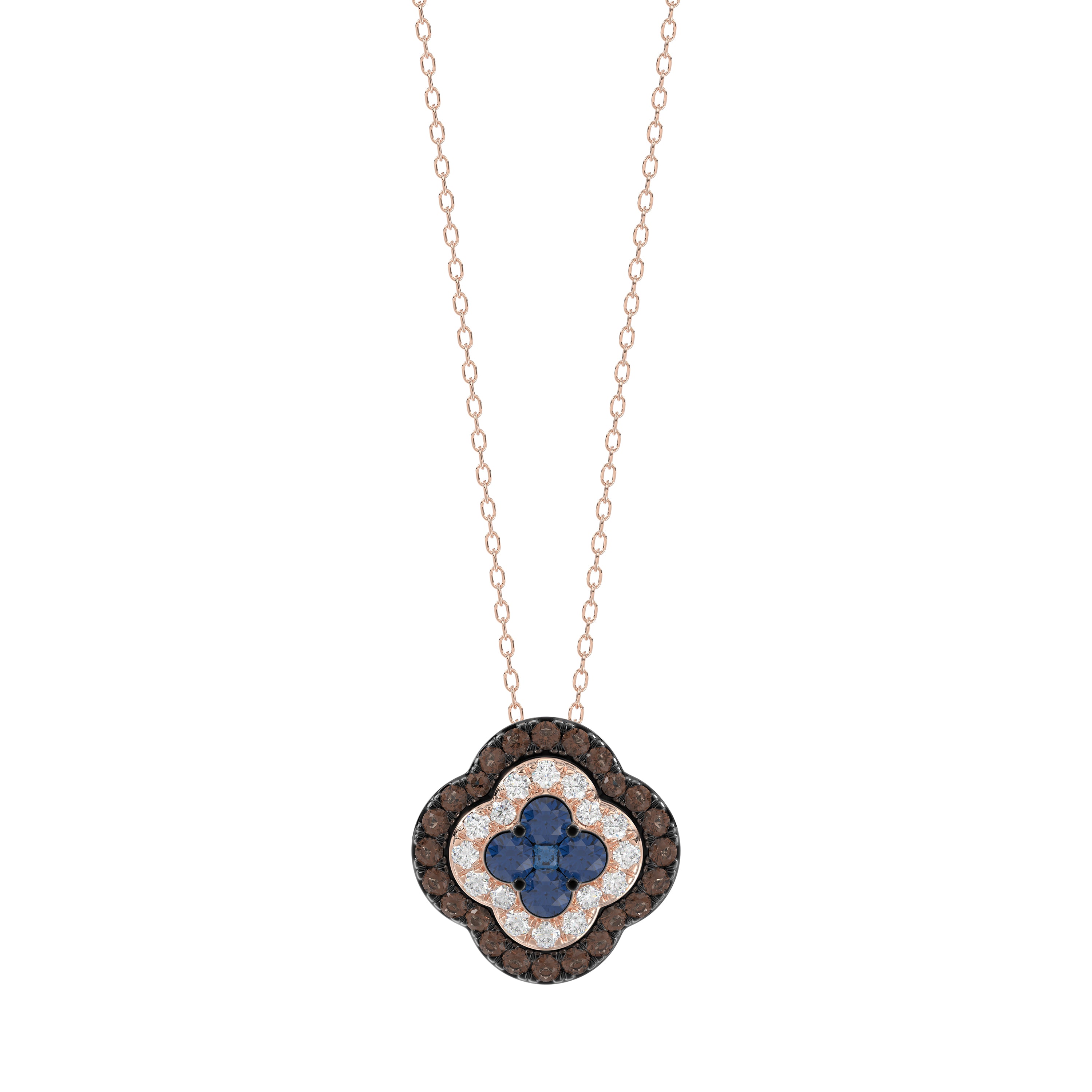 Fashion Pendant 14K Rose Gold 0.60Ct Dark Brown & Blue Diamond Cluster Halo Pendant For Women Round Diamond Ladies Fine Jewelry