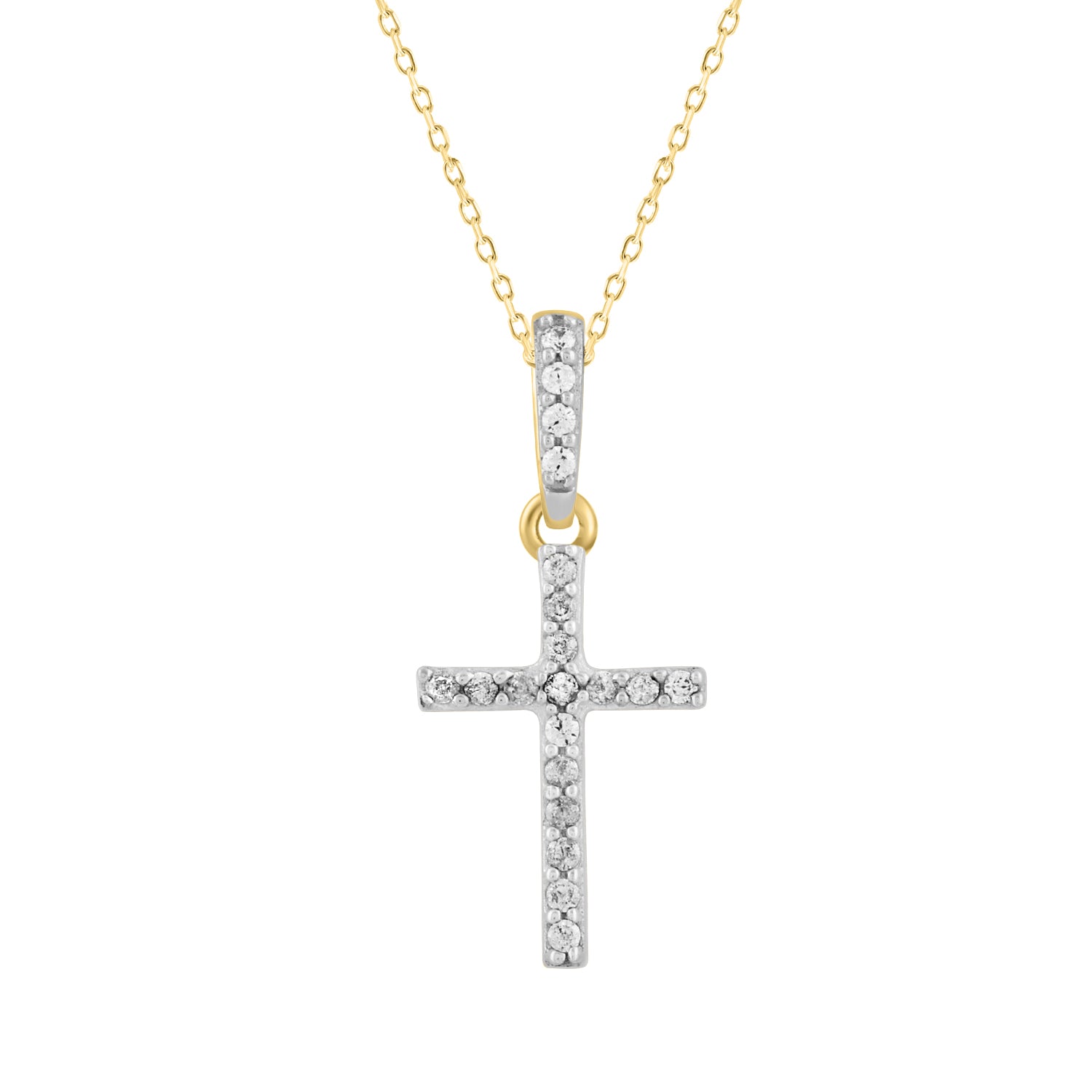 Elegant Sterling Silver Yellow Cross Pendant With Chain 0.05CT Round Diamond