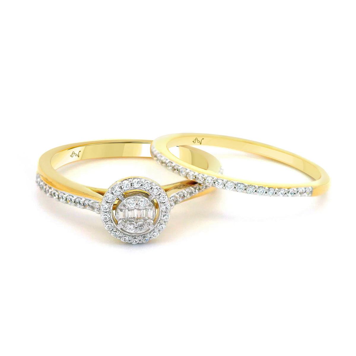 LADIES BRIDAL SET 0.32CT ROUND/BAGUETTE DIAMOND 14K YELLOW GOLD
