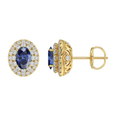 Luxury 14K Yellow Gold Earrings With Oval Sapphire And Round Diamond Accents. A Classic And Elegant 1.88Ct Fine Jewelry Design For Her.