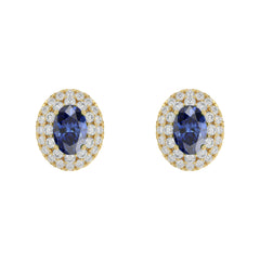 Luxury 14K Yellow Gold Earrings With Oval Sapphire And Round Diamond Accents. A Classic And Elegant 1.88Ct Fine Jewelry Design For Her.
