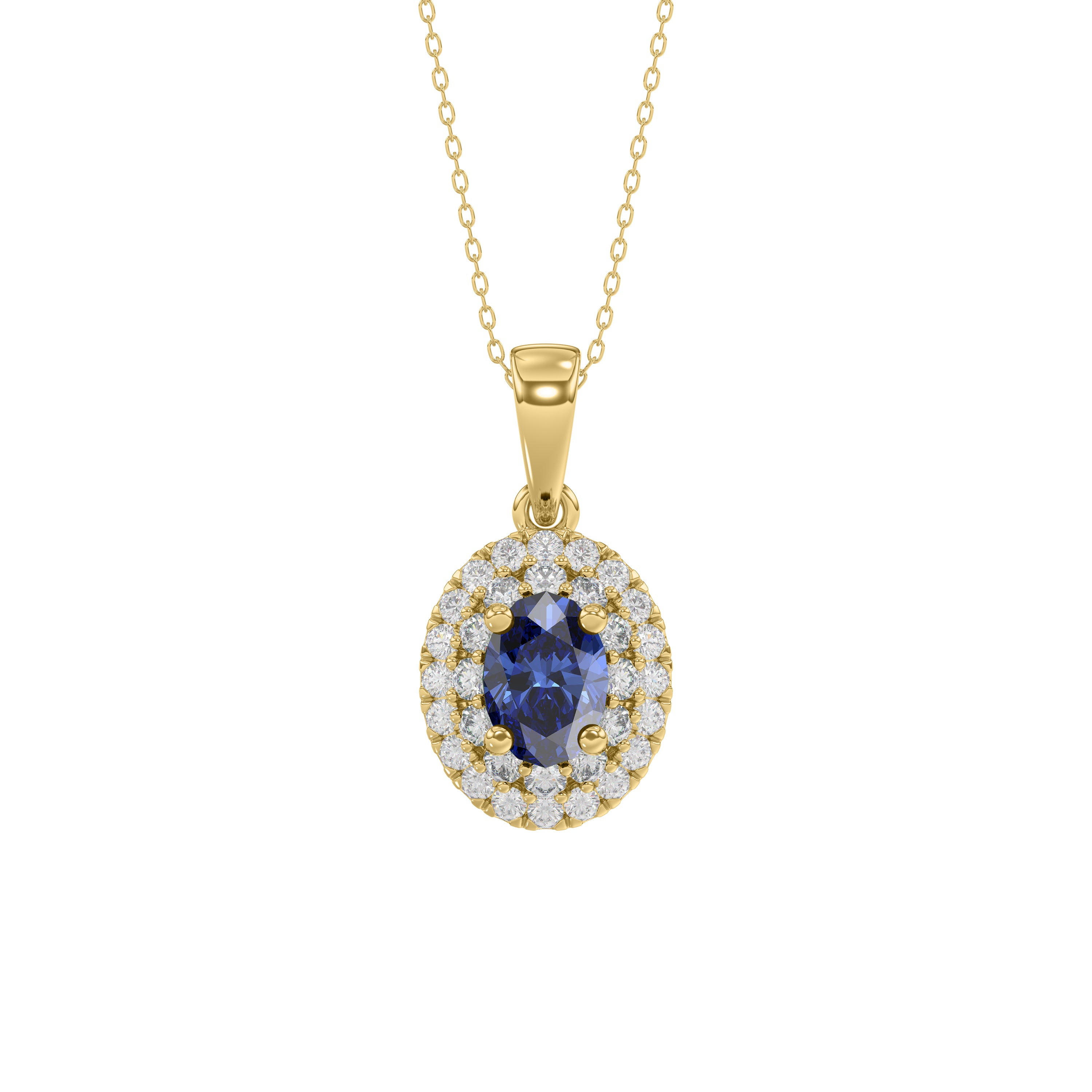 Elegant 14K Yellow Gold Ladies Pendant Featuring Oval Sapphire And Round Diamond Accents 1.16Ct Includes Chain For A Complete Luxury Look.