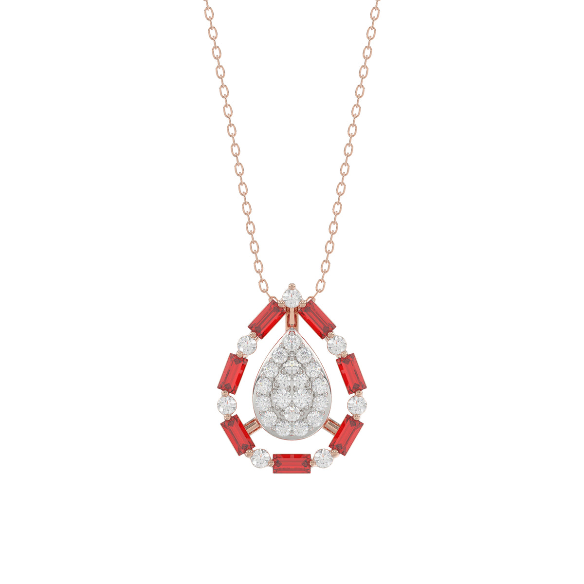 Elegant 14K Rose Gold Ladies Pendant Featuring Ruby And Diamond Accents With Round And Baguette Cut 0.50 Ct. Includes Chain For A Complete Look.
