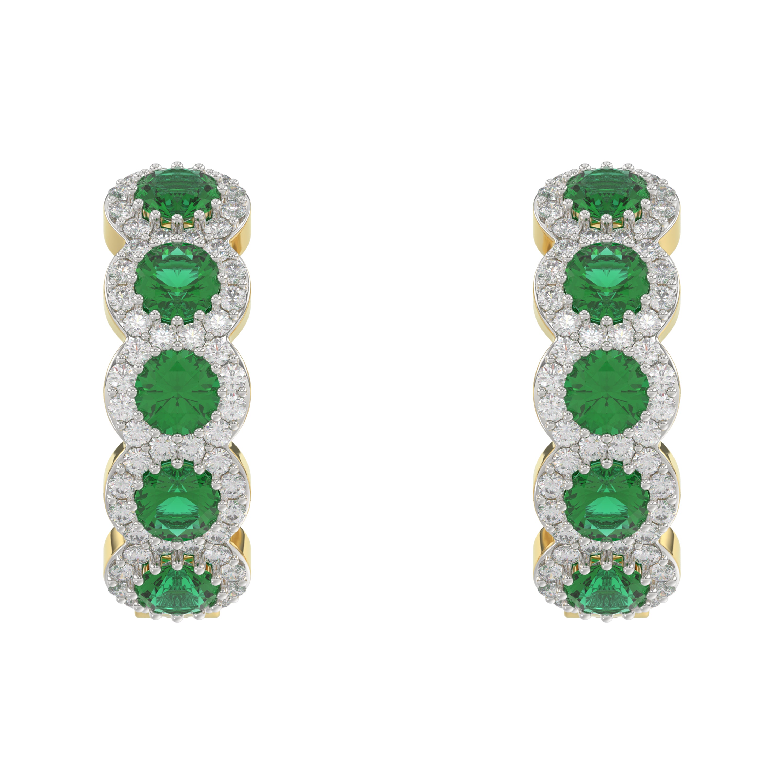 14K Yellow Gold 3.62Ct Emerald And Round Diamond Hoop Earrings For Women. A Refined Luxury Jewelry Design Perfect For Gifting Or Special Events.