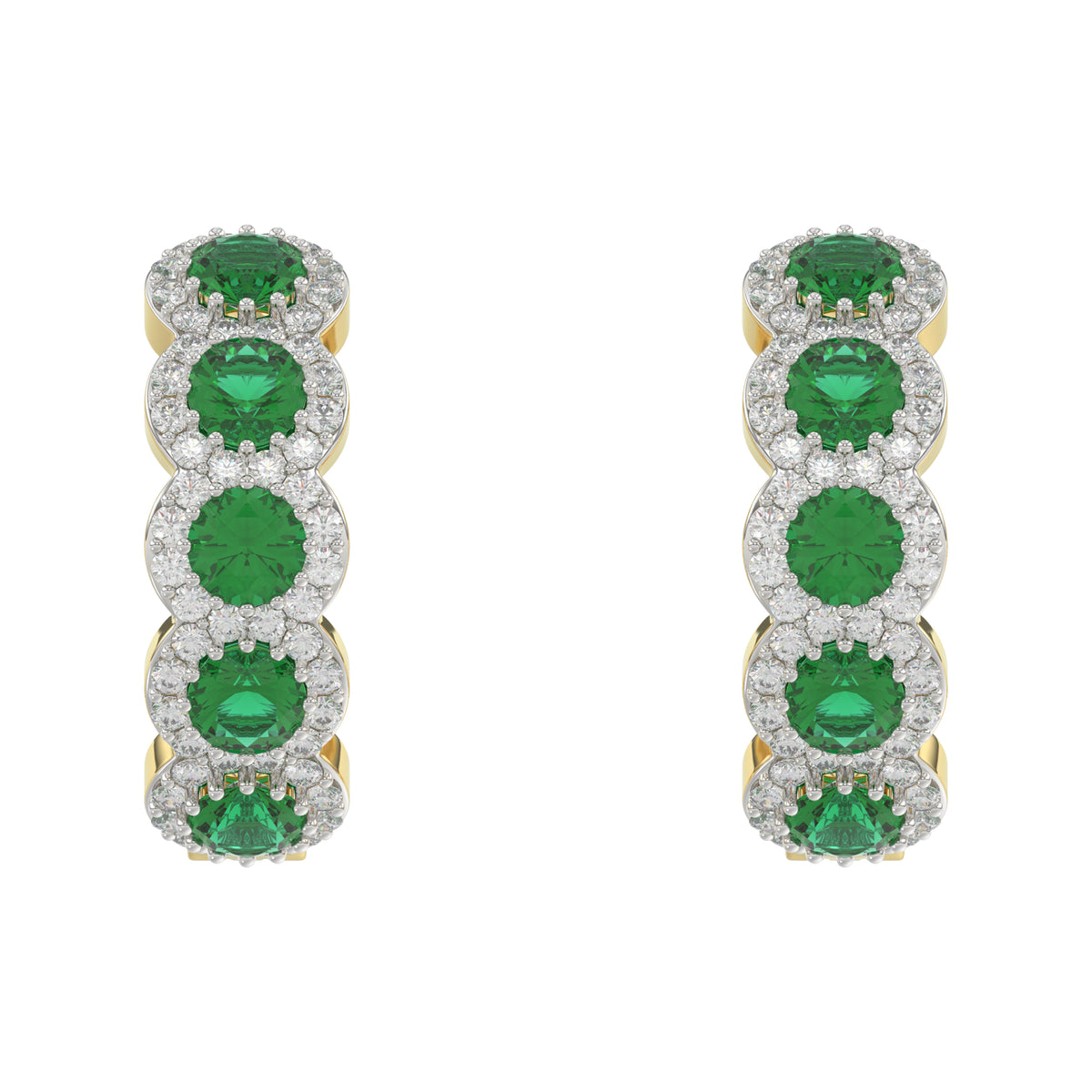 14K Yellow Gold 3.62Ct Emerald And Round Diamond Hoop Earrings For Women. A Refined Luxury Jewelry Design Perfect For Gifting Or Special Events.