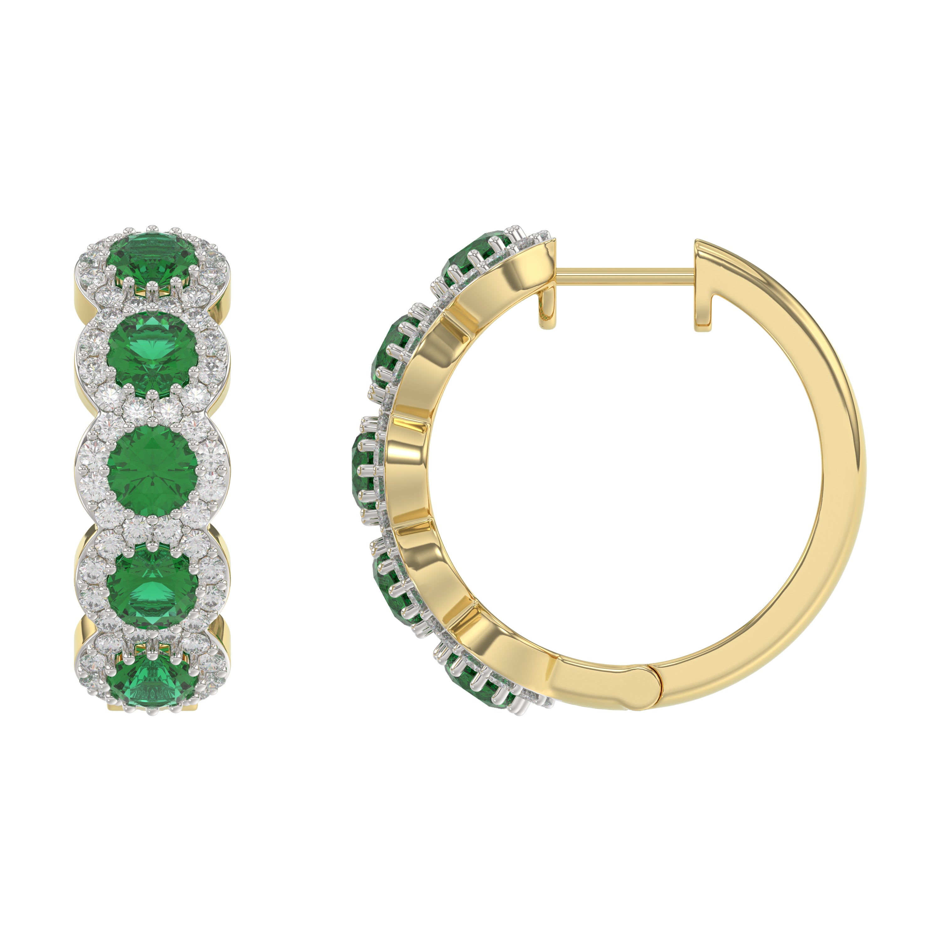 14K Yellow Gold 3.62Ct Emerald And Round Diamond Hoop Earrings For Women. A Refined Luxury Jewelry Design Perfect For Gifting Or Special Events.