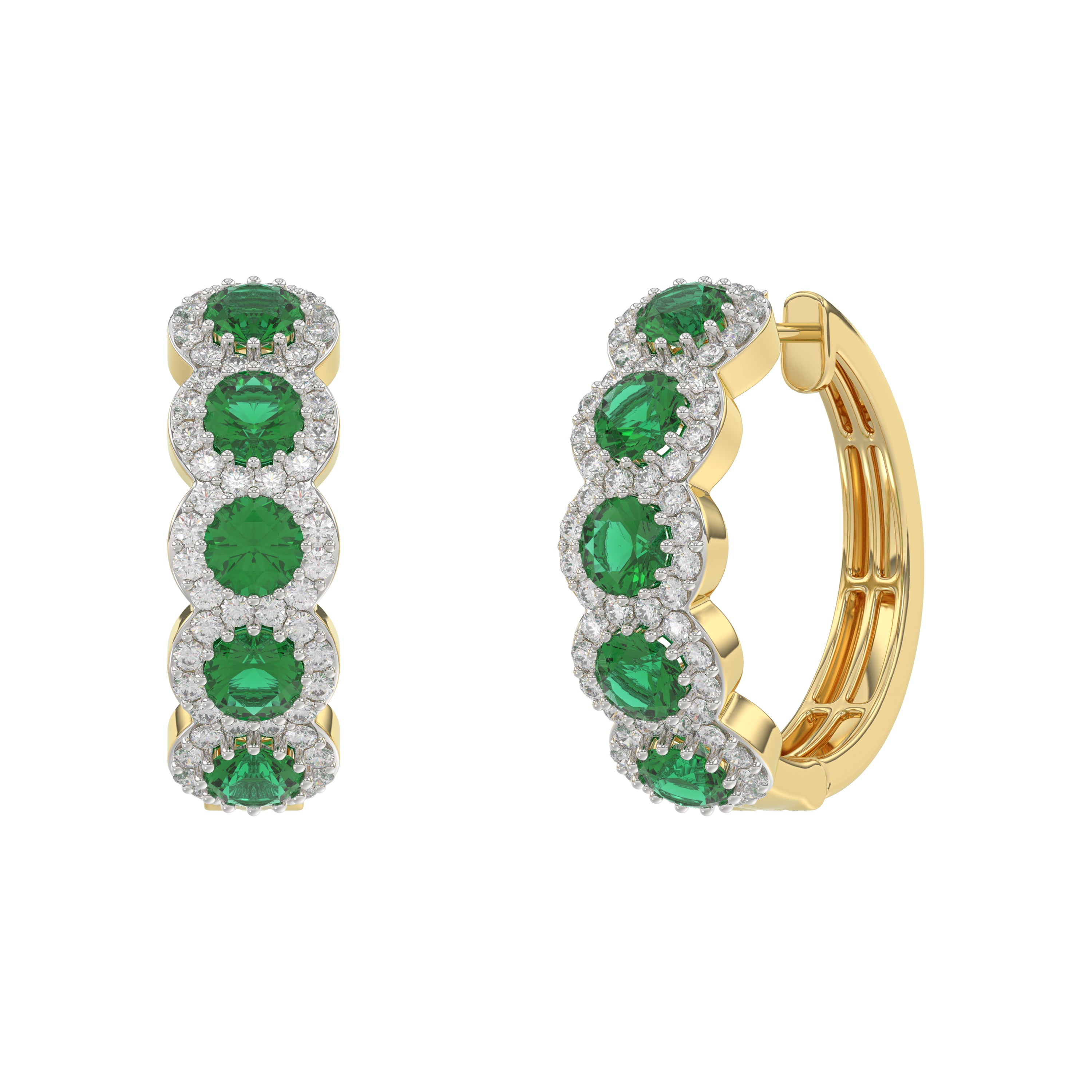 14K Yellow Gold 3.62Ct Emerald And Round Diamond Hoop Earrings For Women. A Refined Luxury Jewelry Design Perfect For Gifting Or Special Events.