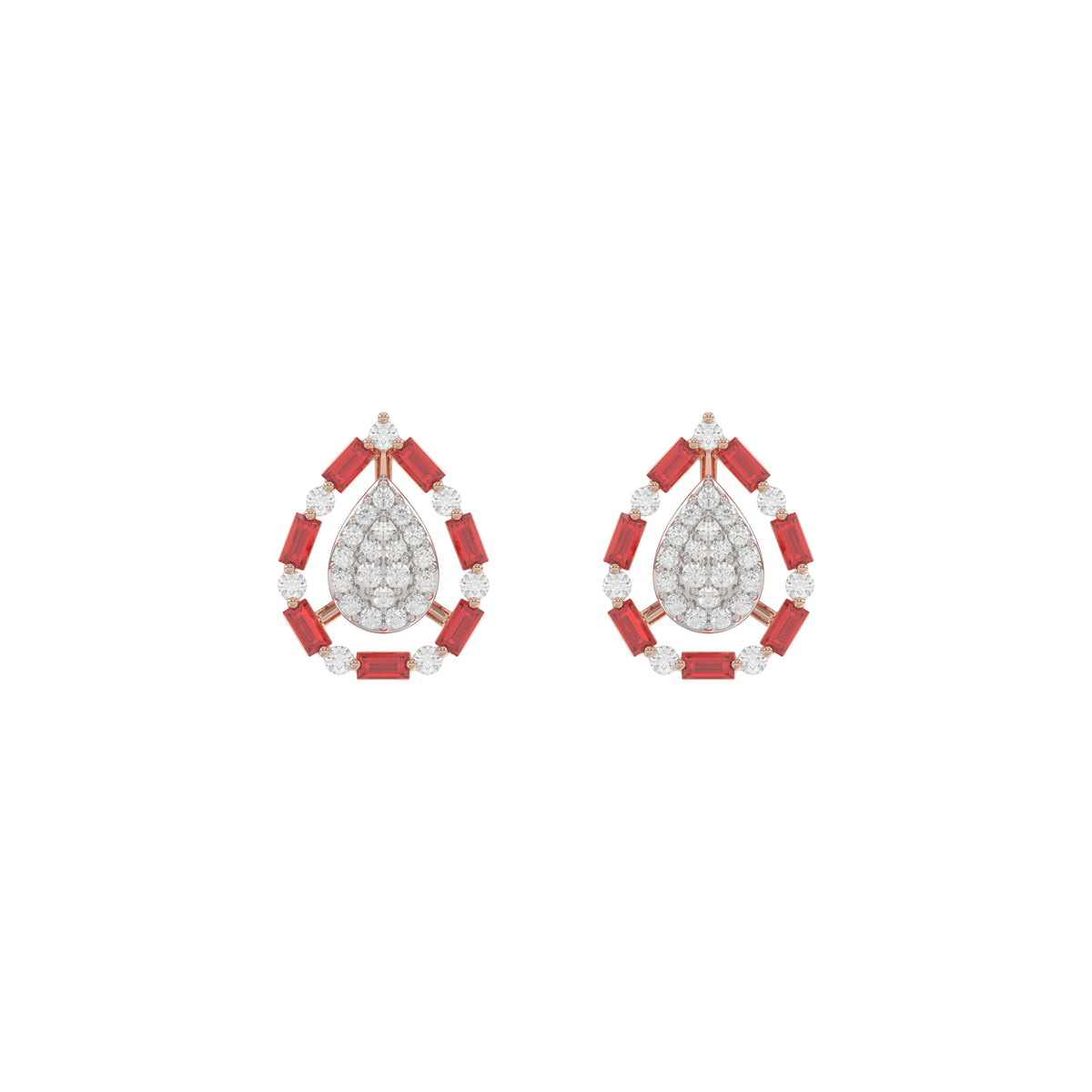 Elegant 14K Rose Gold Ladies Earrings Featuring Ruby And Diamond Accents With Round And Baguette Cuts 0.88Ct. A Luxurious Fine Jewelry Design.