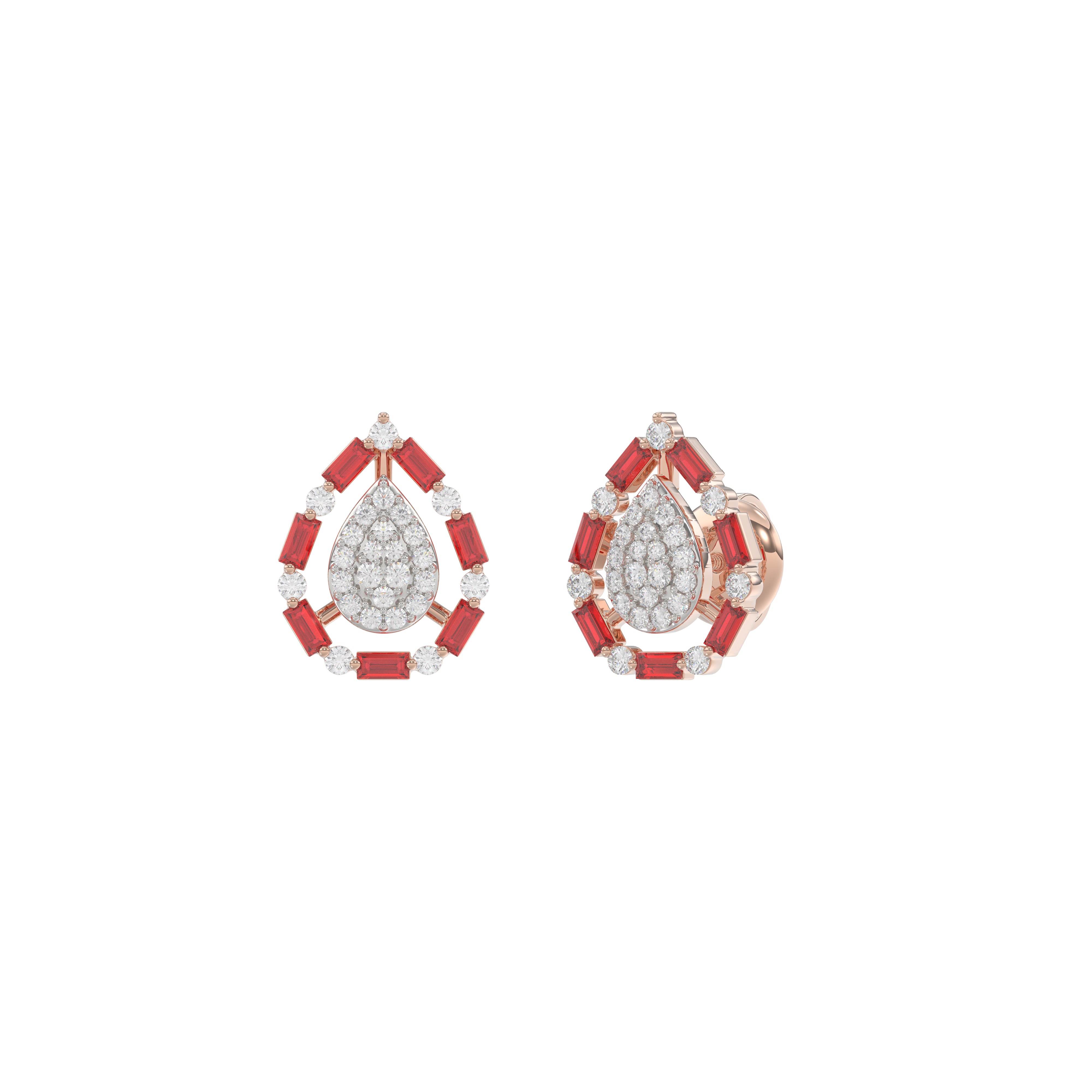 Elegant 14K Rose Gold Ladies Earrings Featuring Ruby And Diamond Accents With Round And Baguette Cuts 0.88Ct. A Luxurious Fine Jewelry Design.