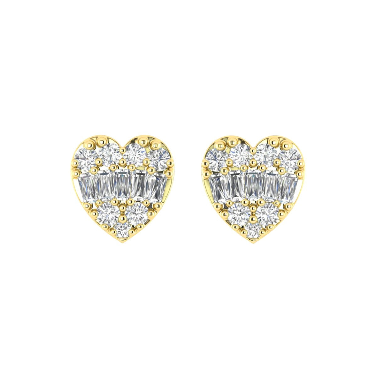 0.25CT Diamond Heart Shape Earrings In 10K Yellow Gold Round & Baguette Diamond Fashion Earrings For Women