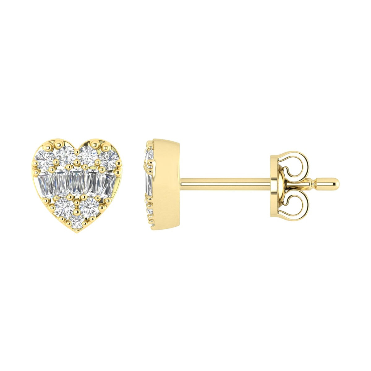 0.25CT Diamond Heart Shape Earrings In 10K Yellow Gold Round & Baguette Diamond Fashion Earrings For Women
