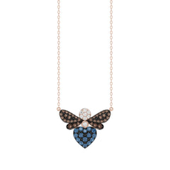 14K Rose Gold Ladies Butterfly Necklace With Colorful Diamond Accents In Blue, Dark Brown, And Round Cuts. A Stylish 0.33 Ct Jewelry Necklace