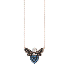 14K Rose Gold Ladies Butterfly Necklace With Colorful Diamond Accents In Blue, Dark Brown, And Round Cuts. A Stylish 0.33 Ct Jewelry Necklace