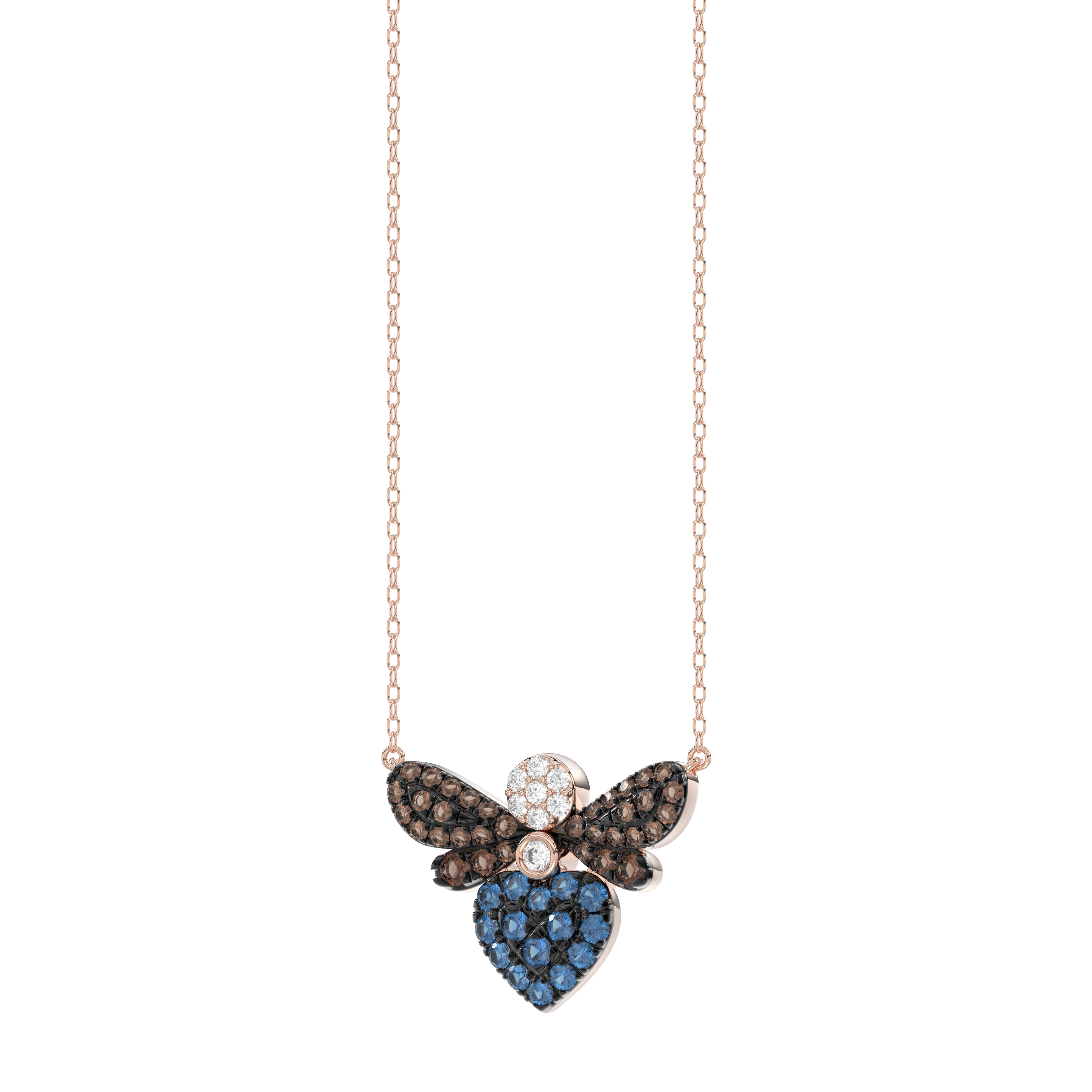 14K Rose Gold Ladies Butterfly Pendant With Colorful Diamond Accents In Blue, Dark Brown, And Round Cuts. A Stylish 0.33 Ct Jewelry Necklace With Chai