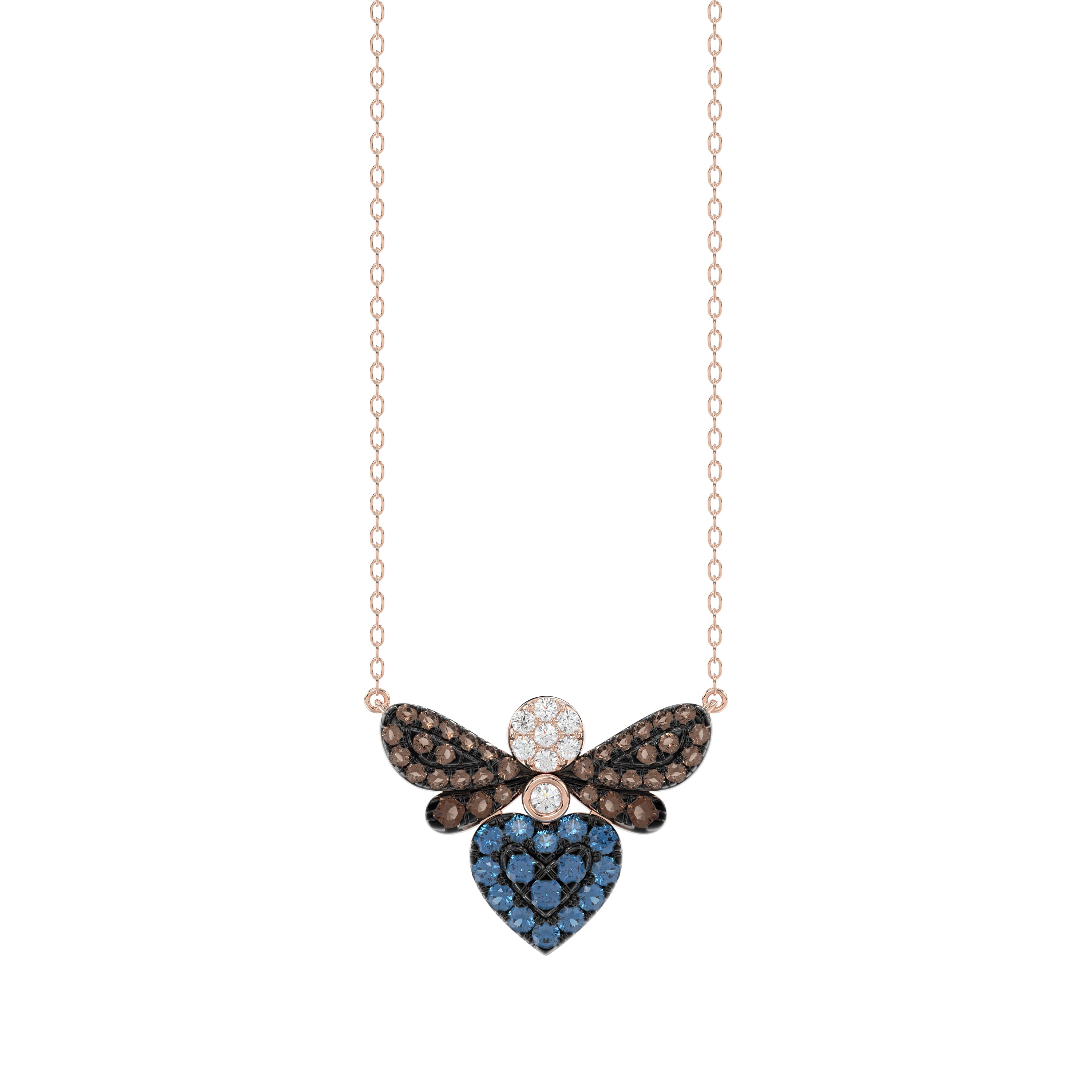 14K Rose Gold Ladies Butterfly Pendant With Colorful Diamond Accents In Blue, Dark Brown, And Round Cuts. A Stylish 0.33 Ct Jewelry Necklace With Chai